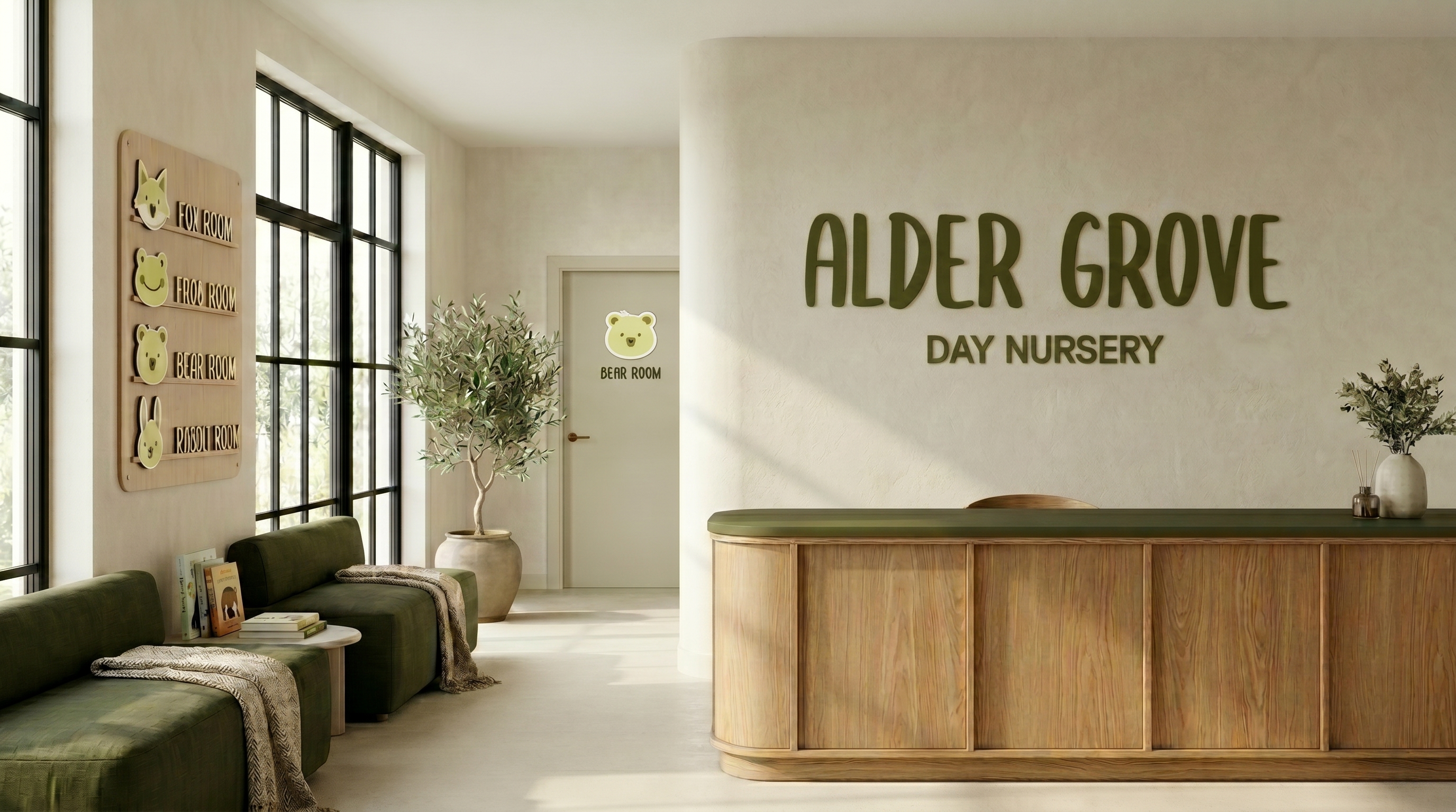 Alder Grove reception with branded wordmark wall and room name-plates