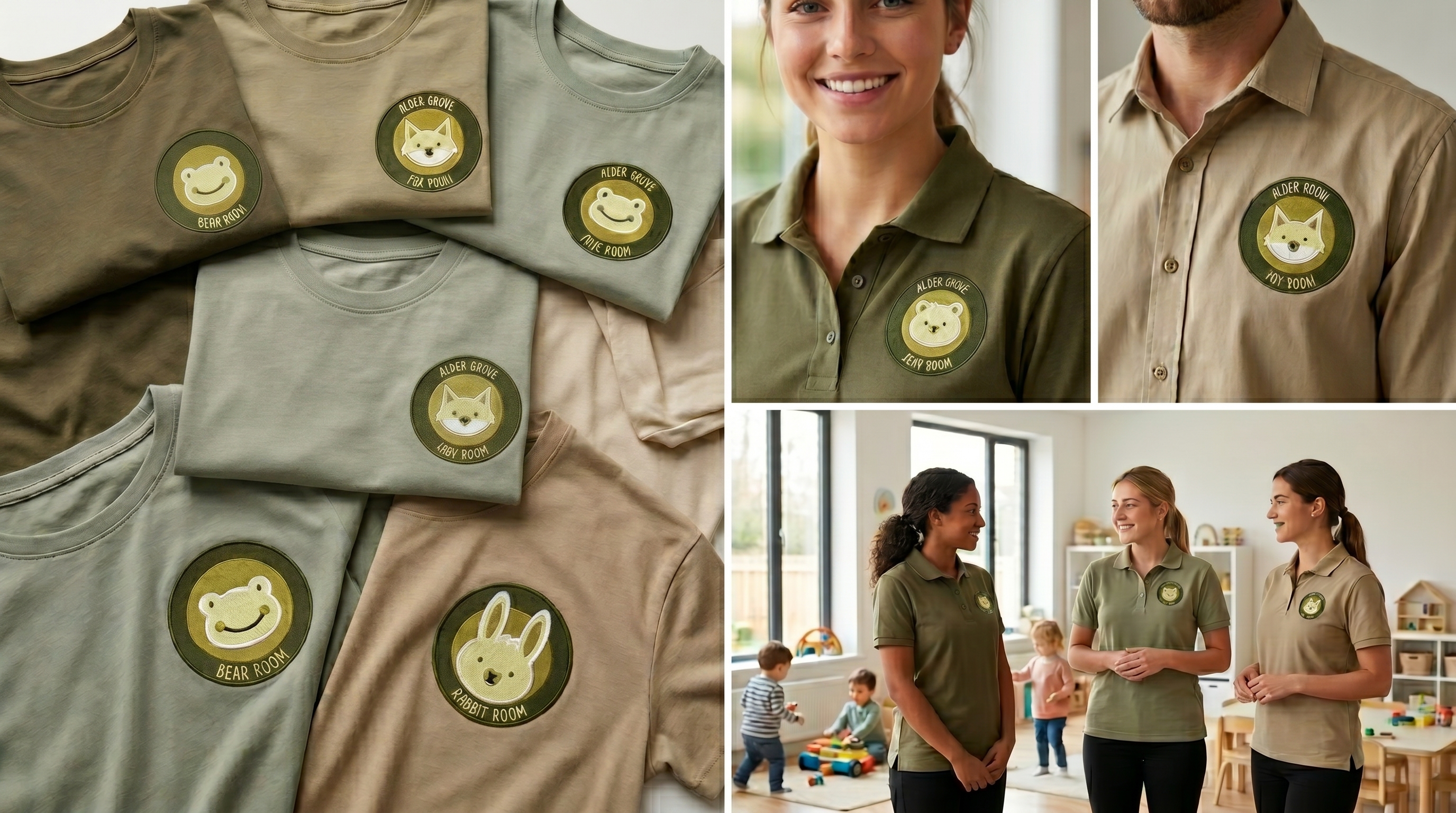 Alder Grove staff uniforms with embroidered room badges