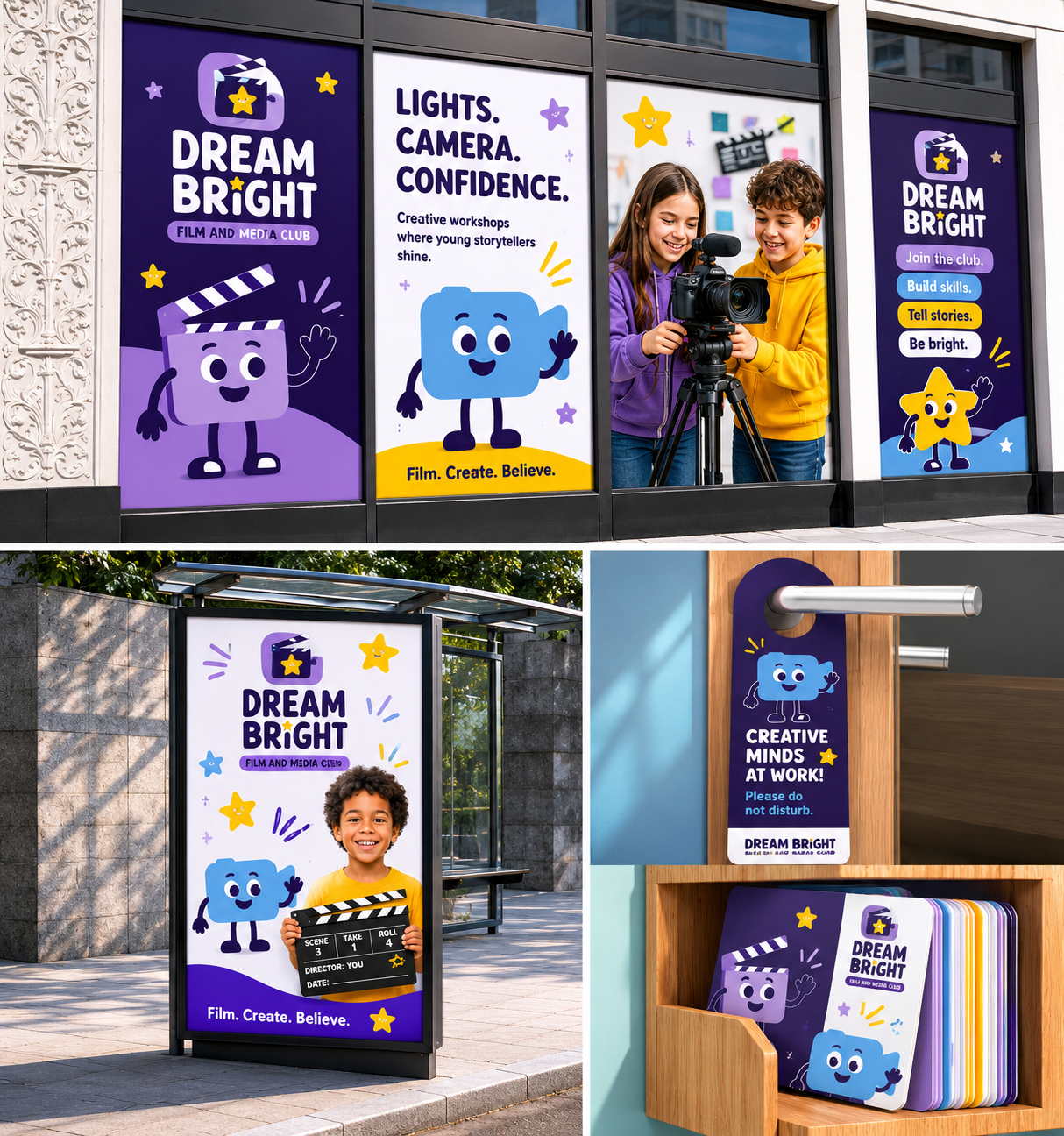 Dream Bright campaign posters, bus shelter and door hanger mockups