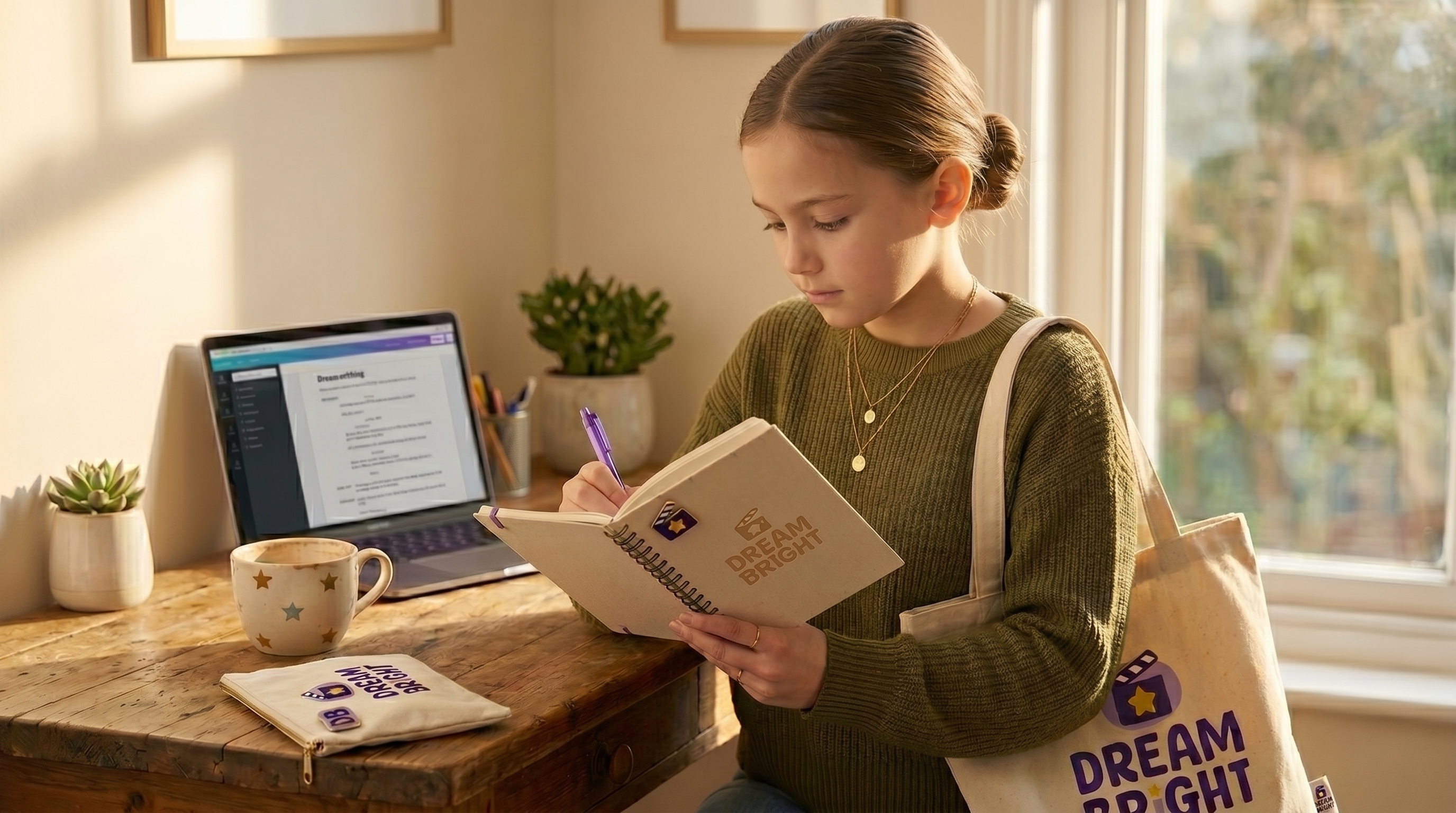 Dream Bright branded notebook and tote bag