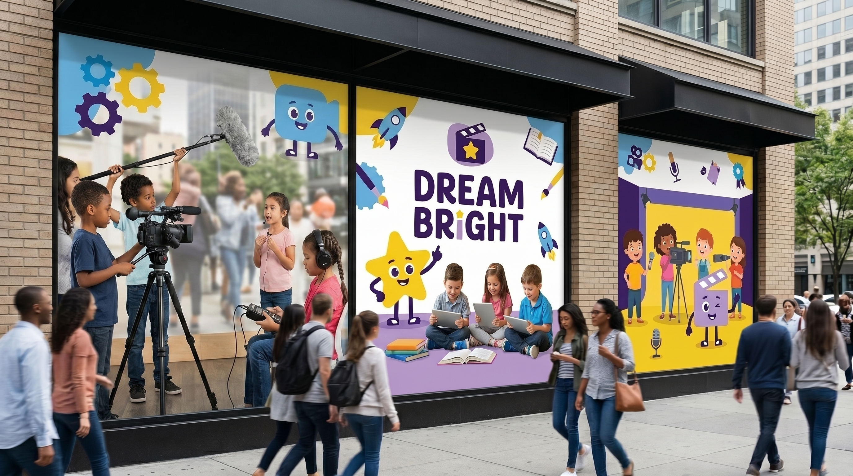 Dream Bright storefront window graphics with characters and Film. Create. Believe. tagline