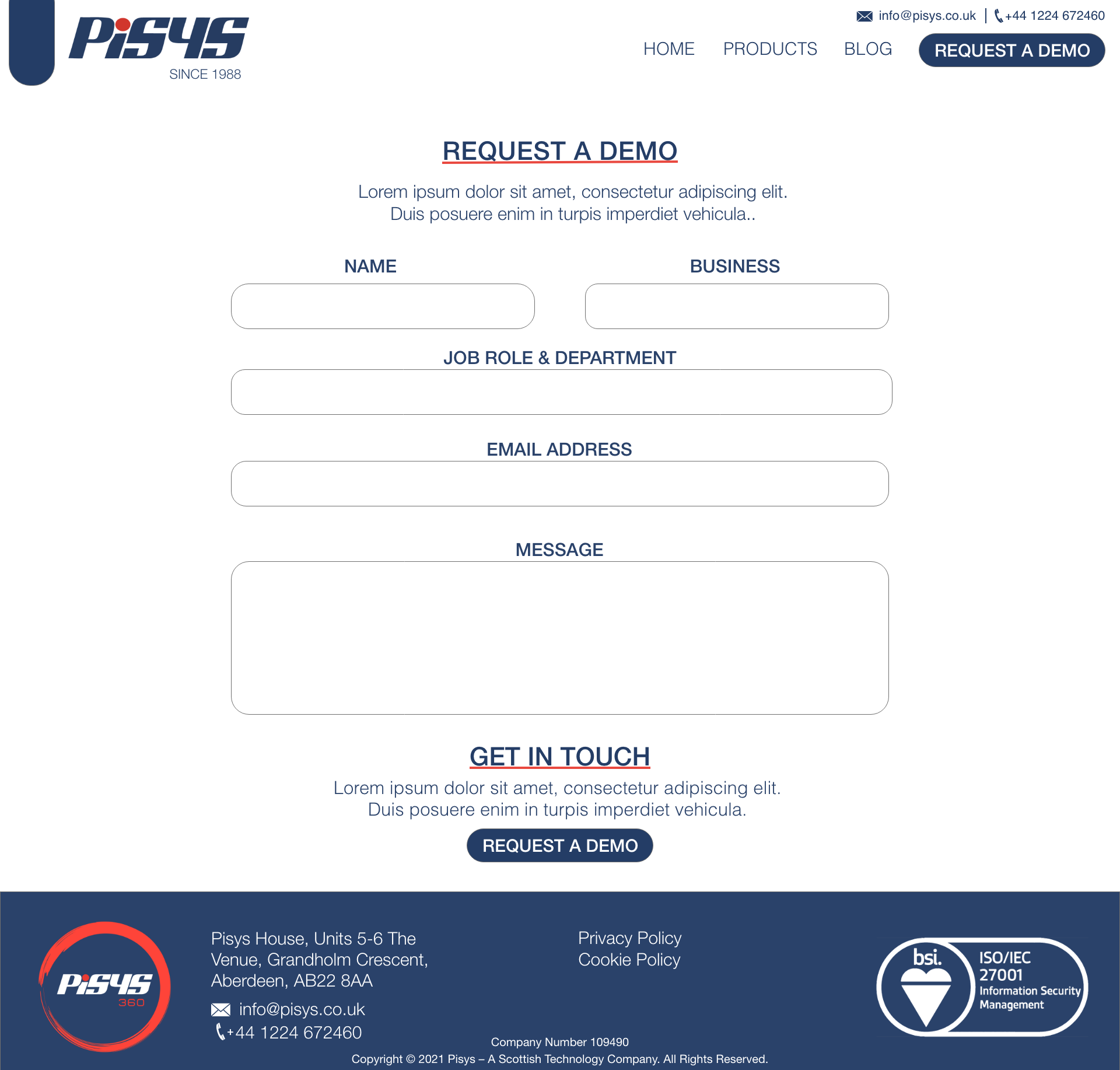 Pisys request a demo page